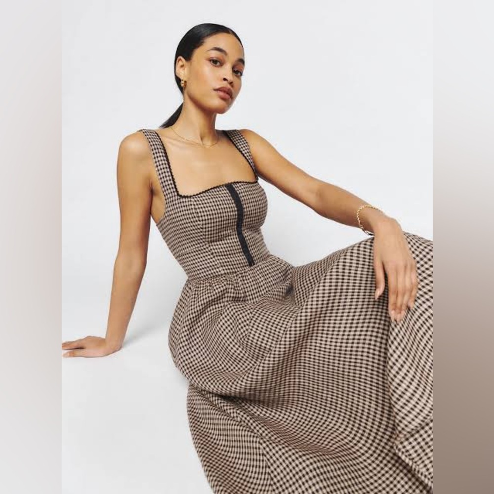 Reformation Black and Tan Checkered Midi Dress, Sz 8 | Tagliatelle Linen Dress